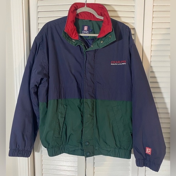 Chaps Ralph Lauren Coat Sz L Zip/Snap Front Blue/Green/Red Colorblock Vintage - Picture 1 of 9